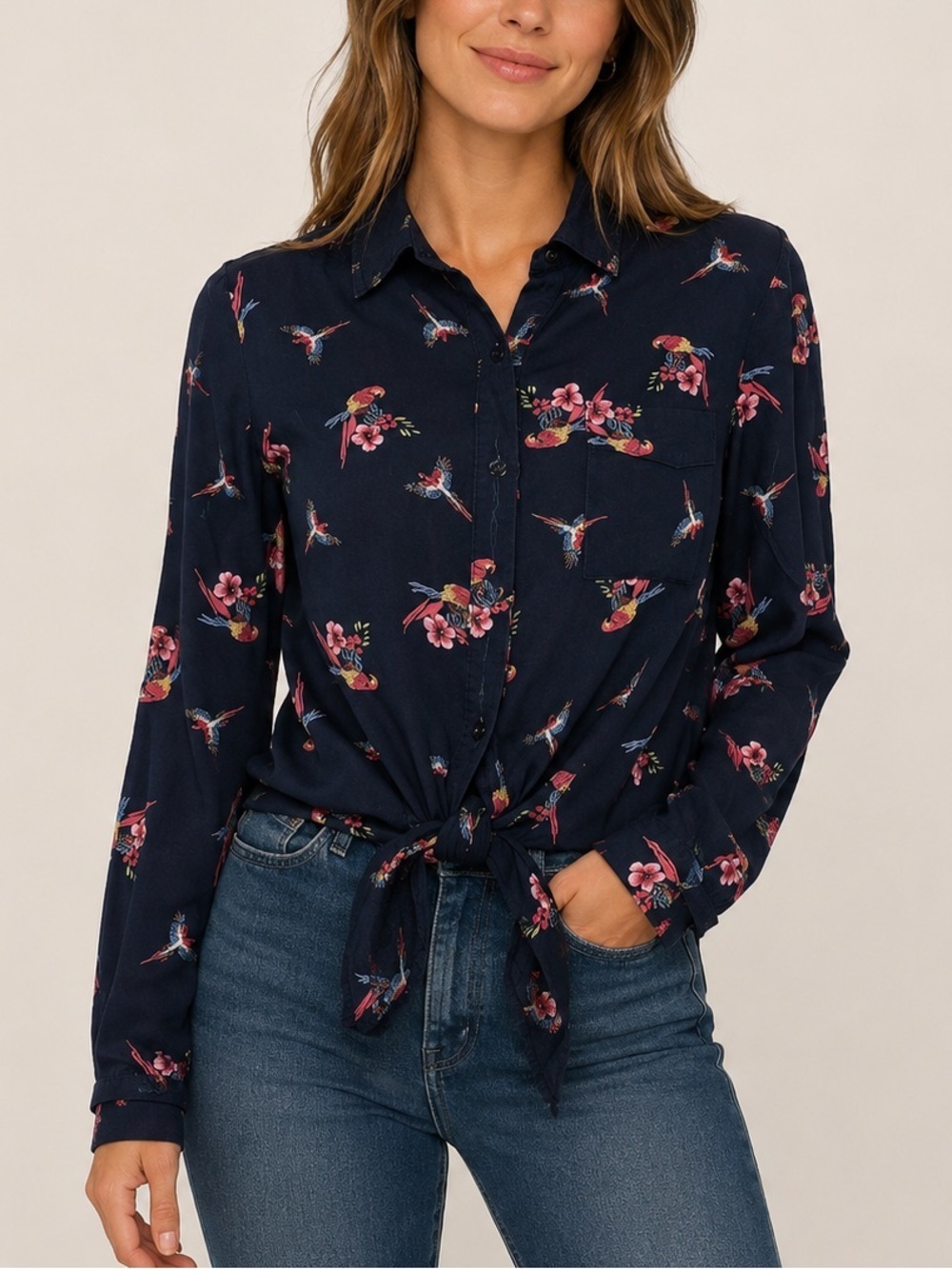 Love Notes Tropical Parrot Print Shirt | Tie Waist | Vibrant & Breezy - Small